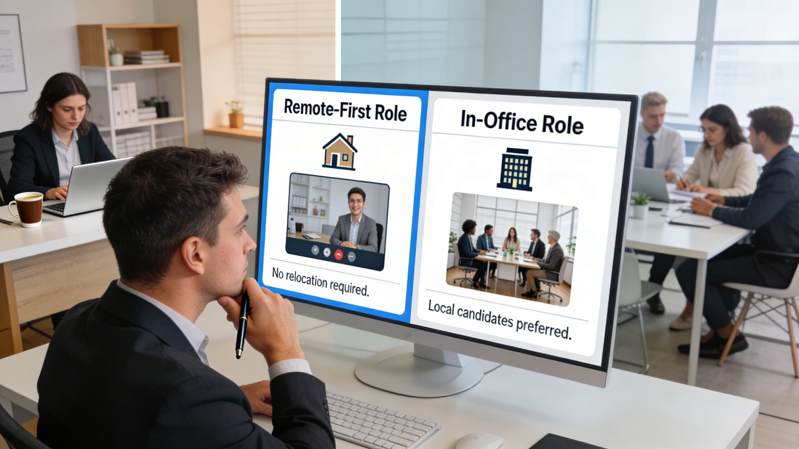 Recruiter at a desk reviewing job postings on a screen that compare remote-first and in-office roles, with remote and office workers in the background.