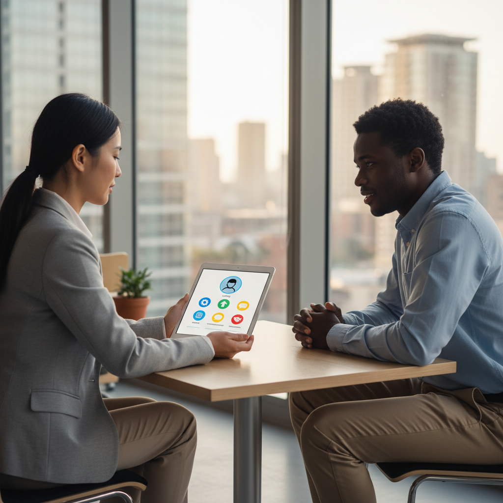 Recruiter and candidate sitting across a table in a modern glass-walled office, reviewing a skills-focused candidate profile on a tablet.